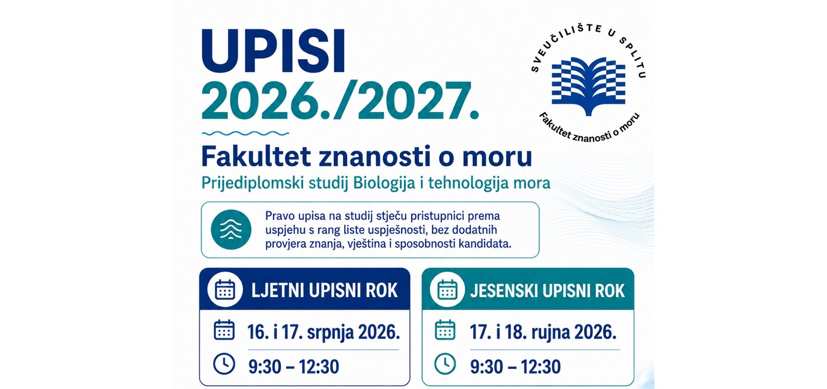 Upisi na prijediplomski studij Biologija i tehnologija mora u akademskoj godini 2026./2027.